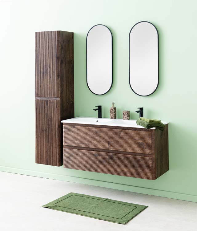 Meuble de salle de bains Jelte noyer suspendu avec lavabo double blanc mat 120cm Meuble de salle de bains Jelte noyer suspendu avec lavabo double blanc mat 120cm