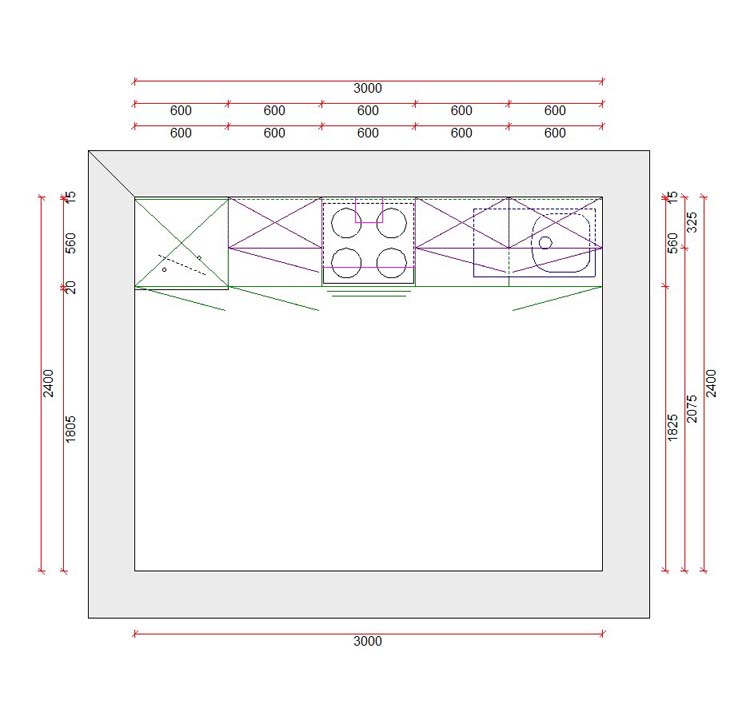 Cuisine Premium 5B blanc brillant 300cm - pré-montée - avec appareils - plaque de cuisson vitrocéramique et hotte murale en inox