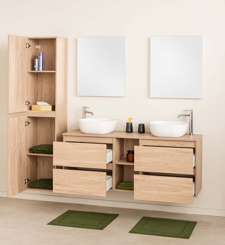 Badkamermeubel Bella eik hangend met dubbele opbouwkom mat wit 150cm