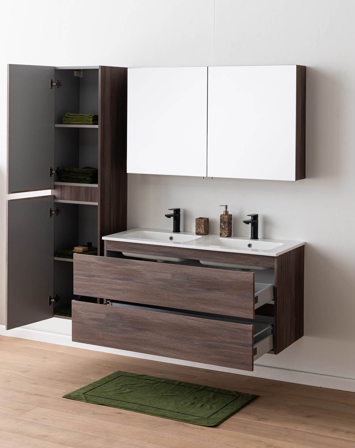 Meuble de salle de bains Tarik chêne ambré suspendu avec double vasque blanc brillant 120cm