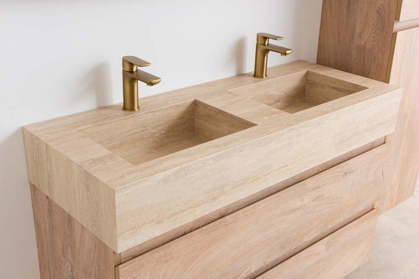 Meuble de salle de bain Tibo chêne avec double lavabo large en travertin 120cm