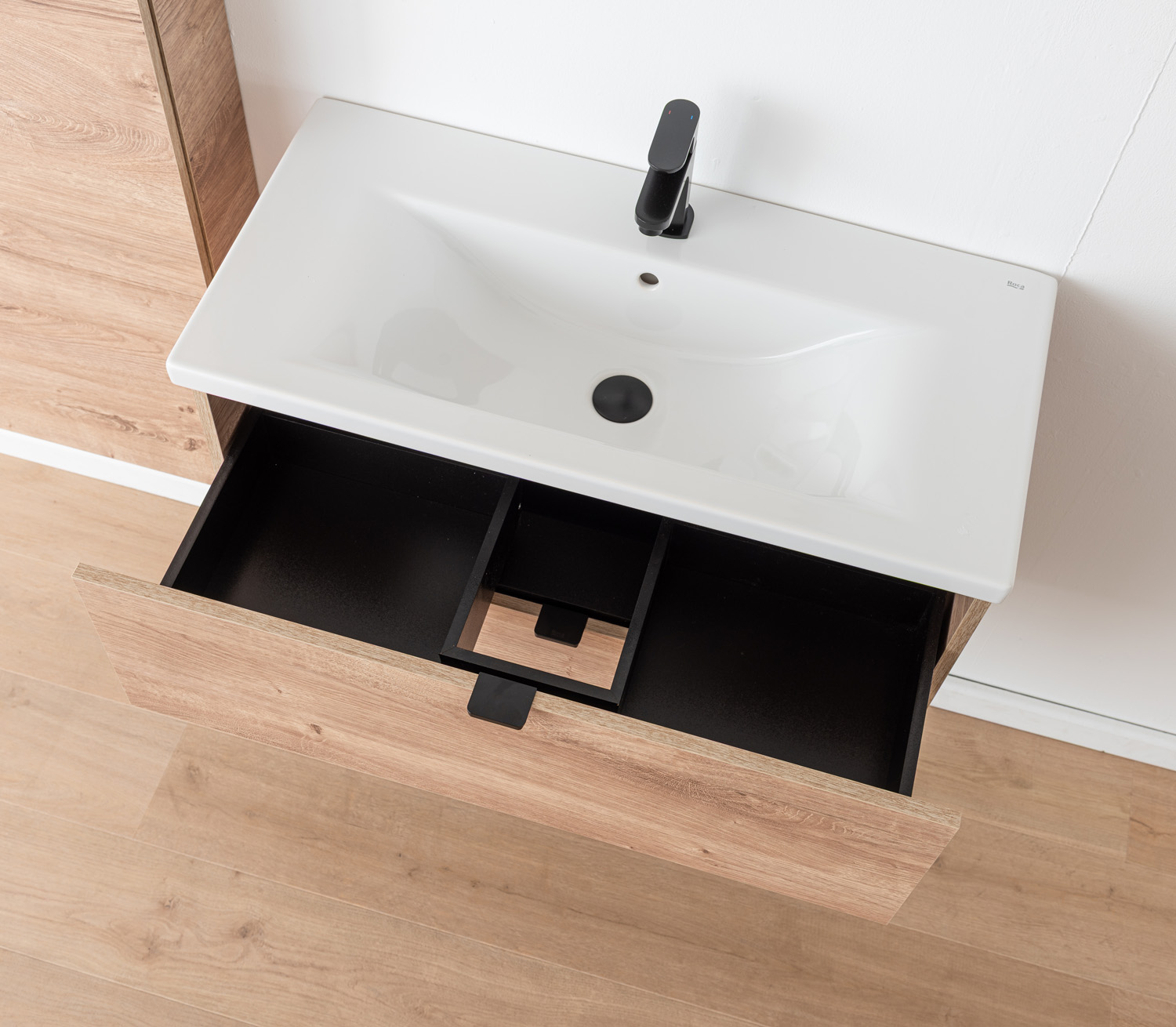 Badkamermeubel Raf honingeik hangend met enkele wastafel glanzend wit 80cm