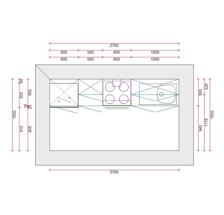 Cuisine bloc 3B premium - 270cm - porte cadre - sans appareils