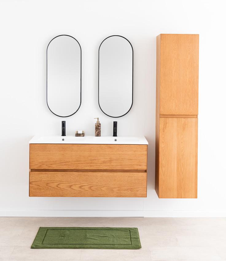 Badkamermeubel Fior eik hangend met dubbele wastafel mat wit 120cm