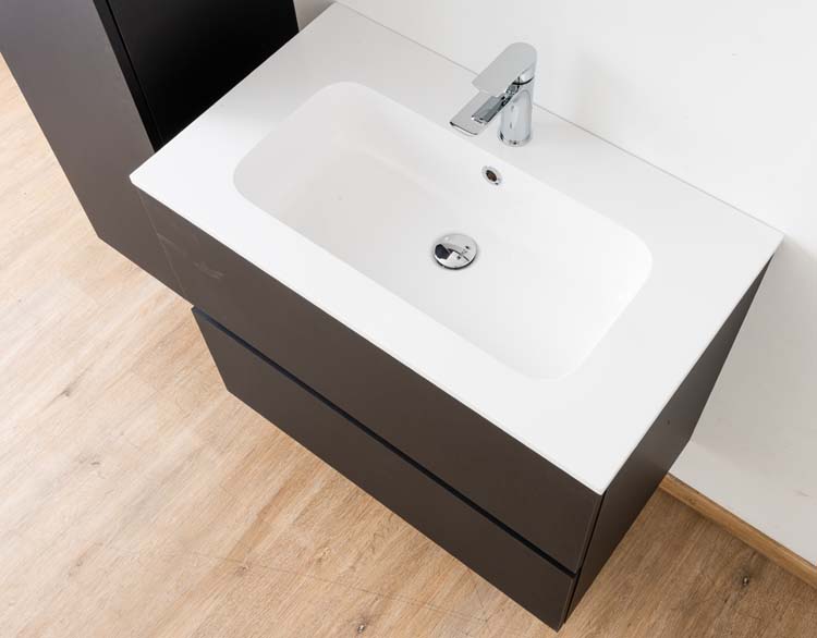 Badkamermeubel Puro mat zwart hangend met enkele wastafel glanzend wit 80cm