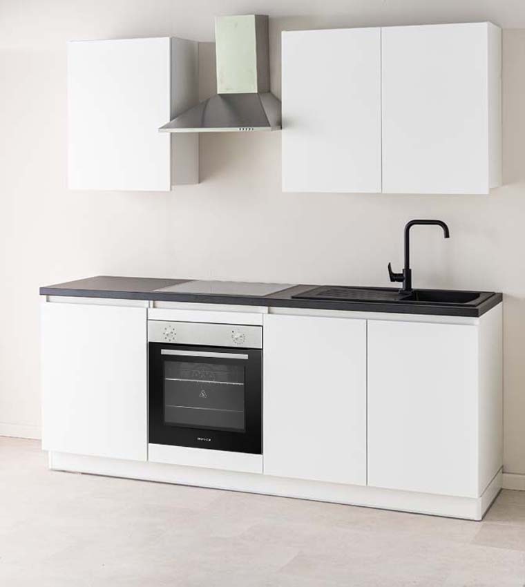 Cuisine Plenti blanche 220cm - avec appareils - plaque de cuisson vitrocéramique et hotte murale en inox