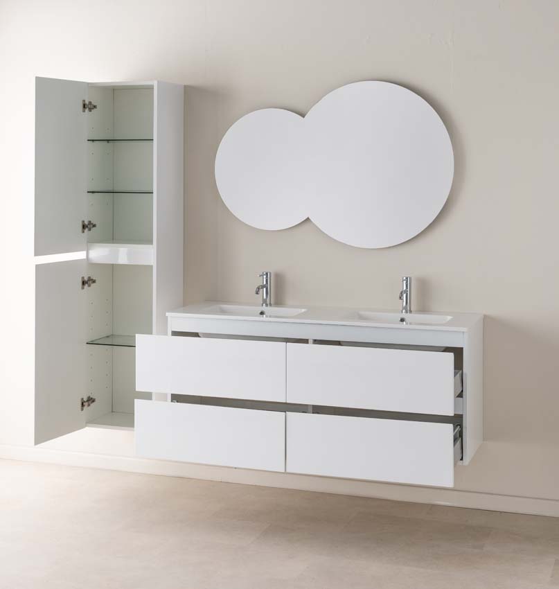 Meuble de salle de bains Tibo blanc suspendu avec lavabo double blanc brillant 140cm