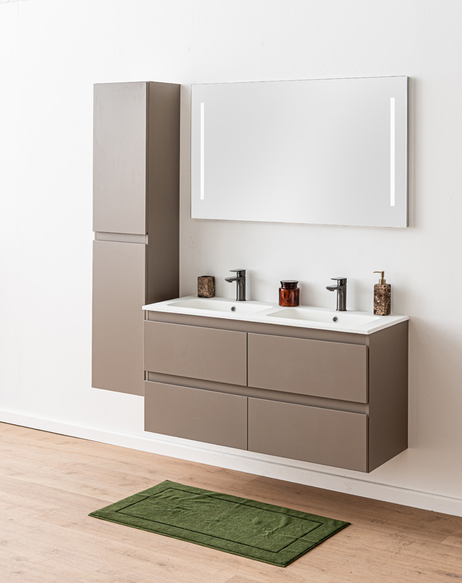 Badkamermeubel Trente taupe met dubbele wastafel mat wit 120cm