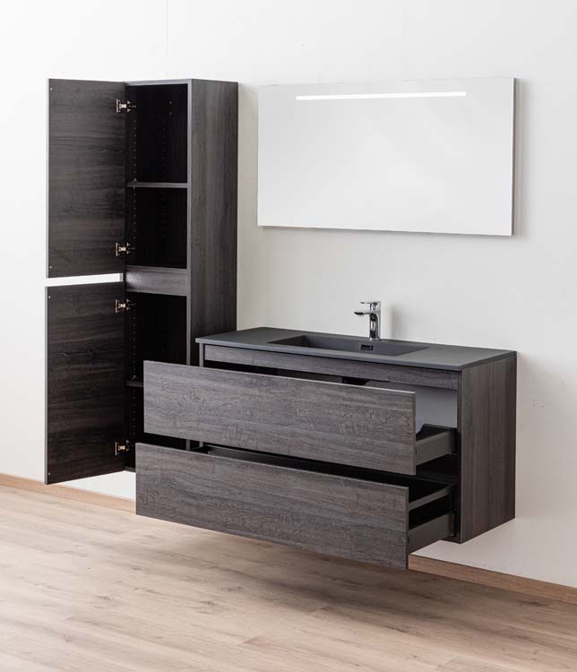 Meuble de salle de bains Dotan chêne foncé suspendu avec lavabo simple noir mat 120cm