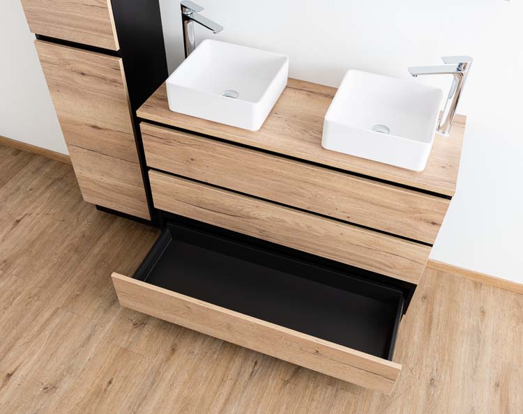 Badkamermeubel Dotan zwart/eik 1200 mm staand opbouwtablet melamine Badkamermeubel Dotan zwart/eik 1200 mm staand opbouwtablet melamine