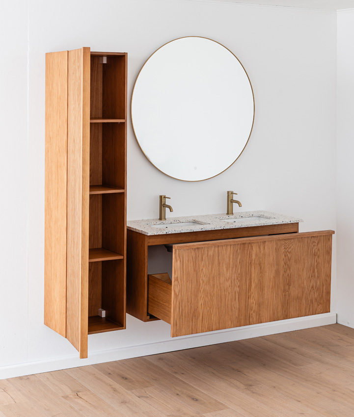 Badkamermeubel Fae eik hangend met dubbele wastafel terrazzo 120cm