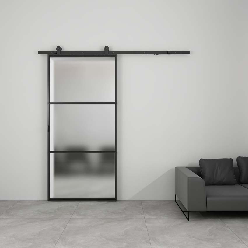 Porte coulissante simple en acier complète Tyra verre mat 3R 93x213,4cm noir + rail noir