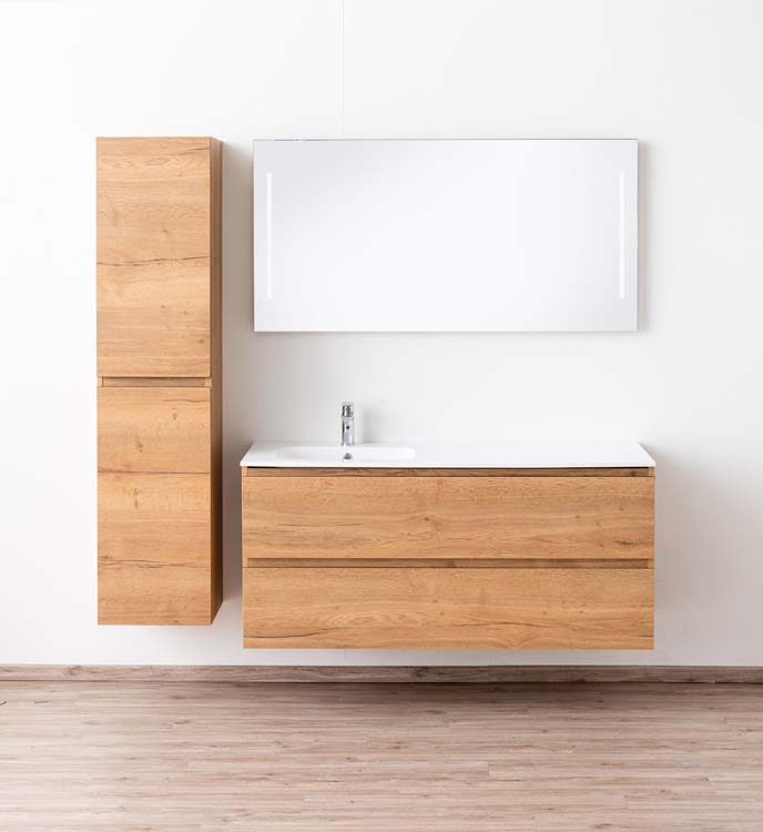 Meuble de salle de bains Daria chêne brun doré suspendu avec lavabo simple à gauche blanc brillant 140cm