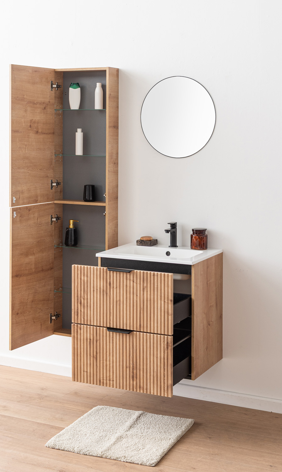 Badkamermeubel Raven vintage eik hangend met wastafel Aveda wit glanzend 60cm