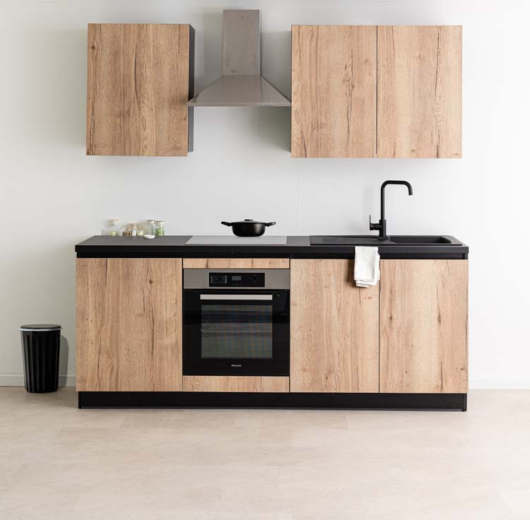 Cuisine Plenti 220cm - four en bas - sans appareils - noire-aspect bois