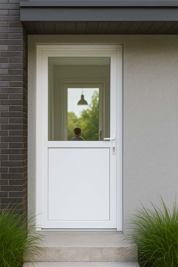 Porte extérieure semi-vitrée PVC verre clair blanc 980x2180mm ouvrant à droite