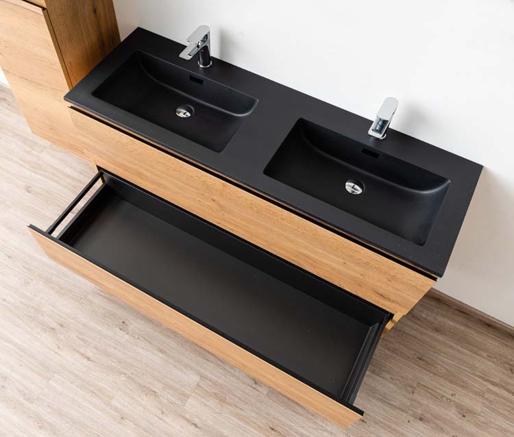 Meuble de salle de bain Daria chêne brun doré 1400 mm lavabo noir mat