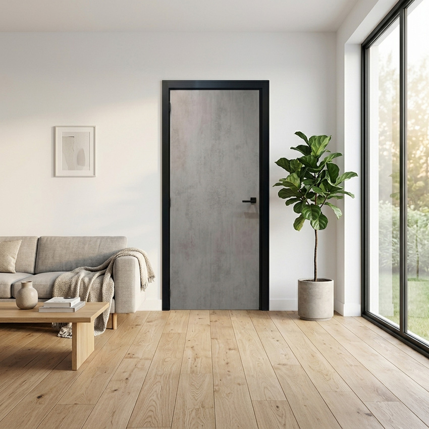 Porte intérieure complète Industrial béton 211,5x83cm tubulaire réversible + châssis noir 40cm