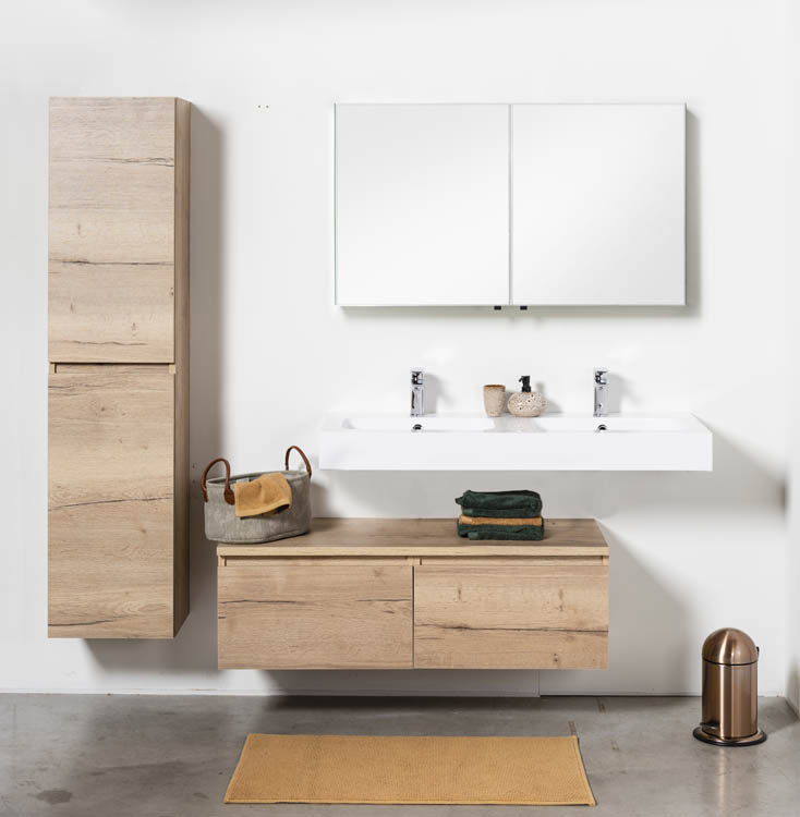 Meuble de salle de bains Domino aspect chêne suspendu avec lavabo double suspendu blanc brillant 120cm
