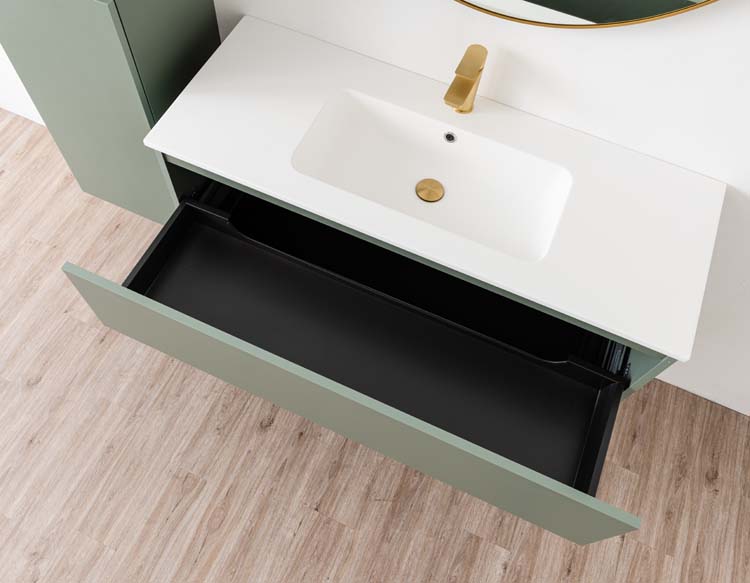 Meuble de salle de bains Dotan eucalyptus vert avec lavabo simple blanc mat 120cm