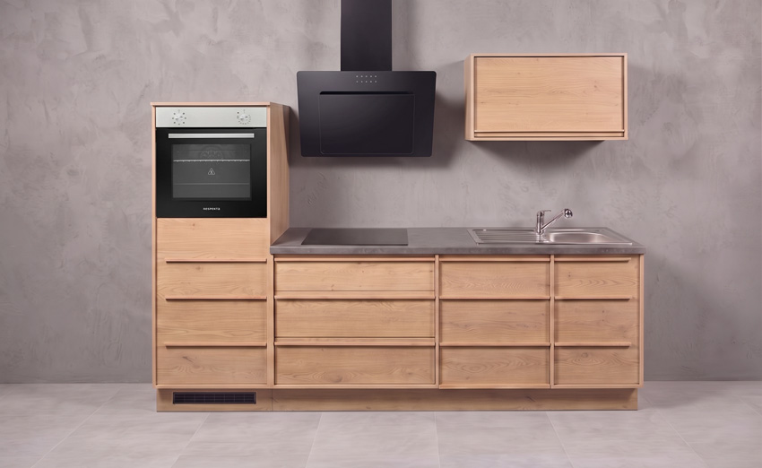 Cuisine Nara chêne 264cm - avec appareils - plaque de cuisson vitrocéramique et hotte murale noire