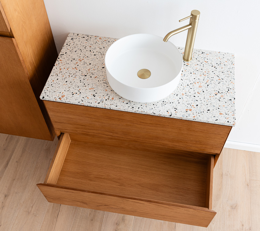 Badkamermeubel Fior eik hangend met enkel topblad terrazzo 90cm