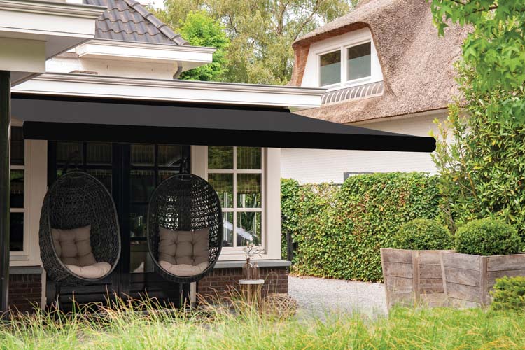 Zonnetent Santorini op maat zwart + donkergrijze doek motor links