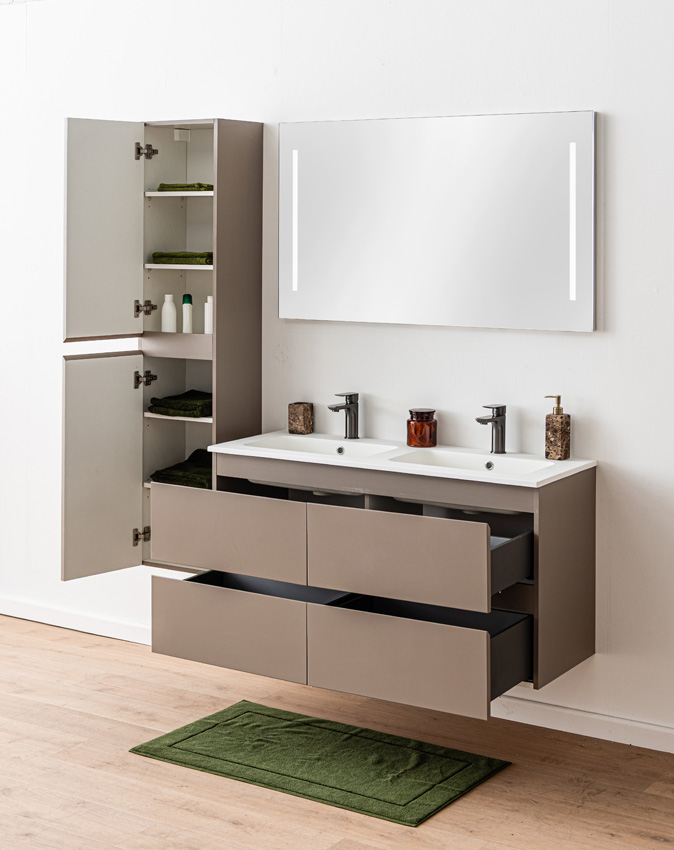 Badkamermeubel Trente taupe met dubbele wastafel mat wit 120cm