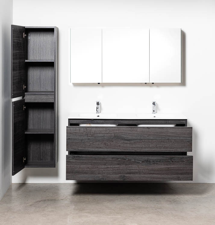 Badkamermeubel Dotan donkere eik hangend met dubbele wastafel mat wit 140cm