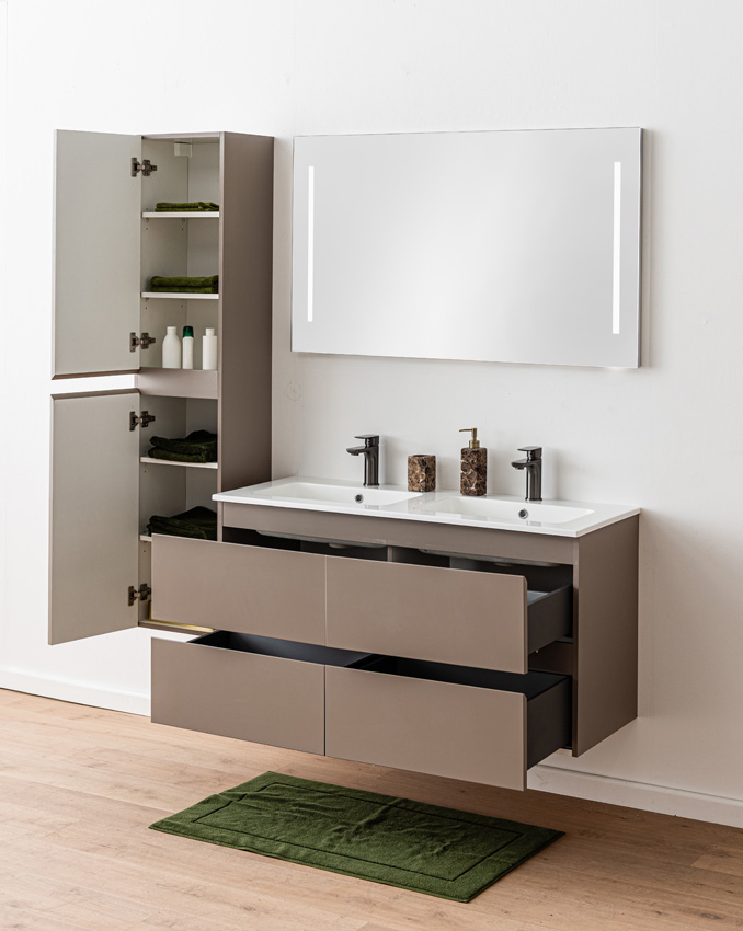 Badkamermeubel Trente taupe met dubbele wastafel glanzend wit 120cm
