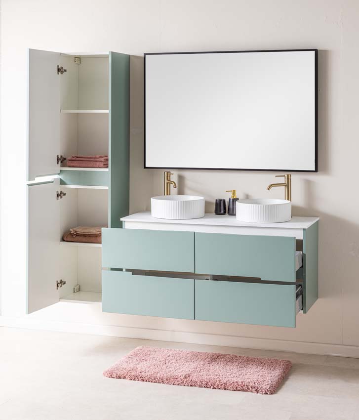 Meuble de salle de bains Truman vert gris suspendu avec double vasque à poser blanc mat 120cm Meuble de salle de bains Truman vert gris suspendu avec double vasque à poser blanc mat 120cm