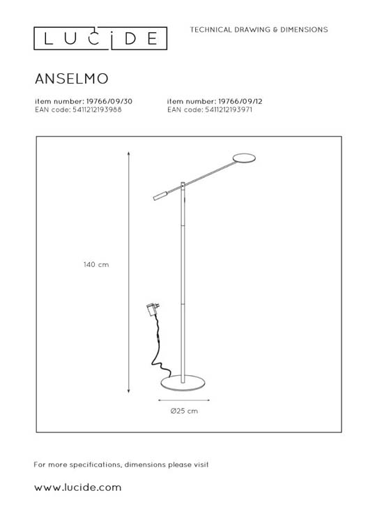 Lucide ANSELMO - Lampadaire - Ø 25 cm - 9W 3000K - Chrome Dépoli