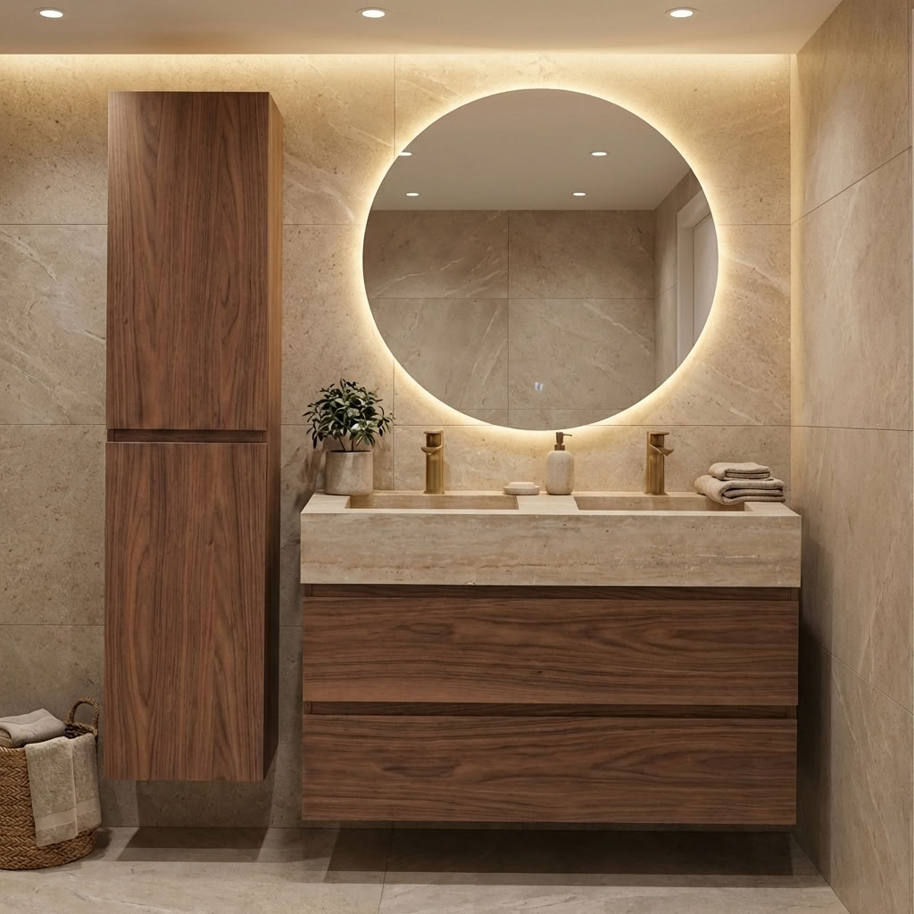 Meuble de salle de bain Dotan noyer avec lavabo double large en aspect travertin 120cm