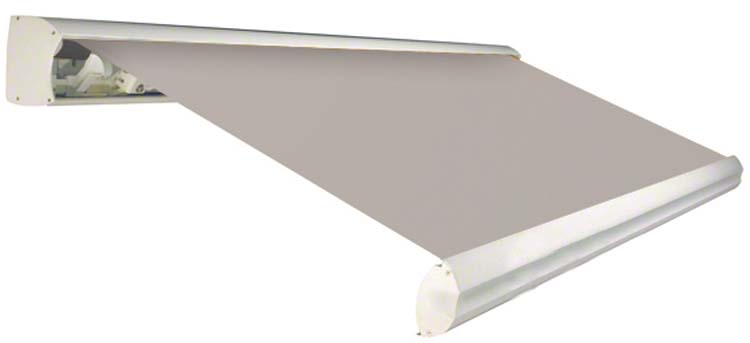 Store banne Santorini sur mesure blanc+toile gris clair moteur gauche