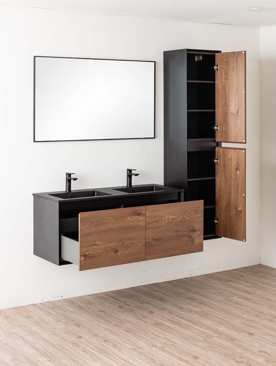 Badkamermeubel Justin notelaar hangend met dubbele wastafel mat zwart 120cm
