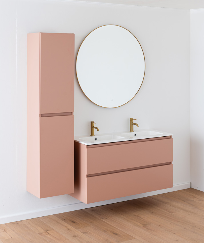 Meuble de salle de bains Dotan abricot suspendu avec double lavabo blanc brillant 120cm