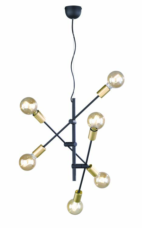 Hanglamp zwart/messing excl lamp LED mogelijk  6 lampen