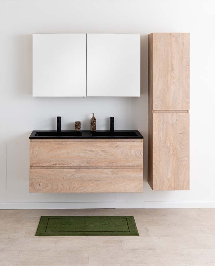 Meuble de salle de bain Tibo en chêne méditerranéen avec double lavabo noir mat 120cm