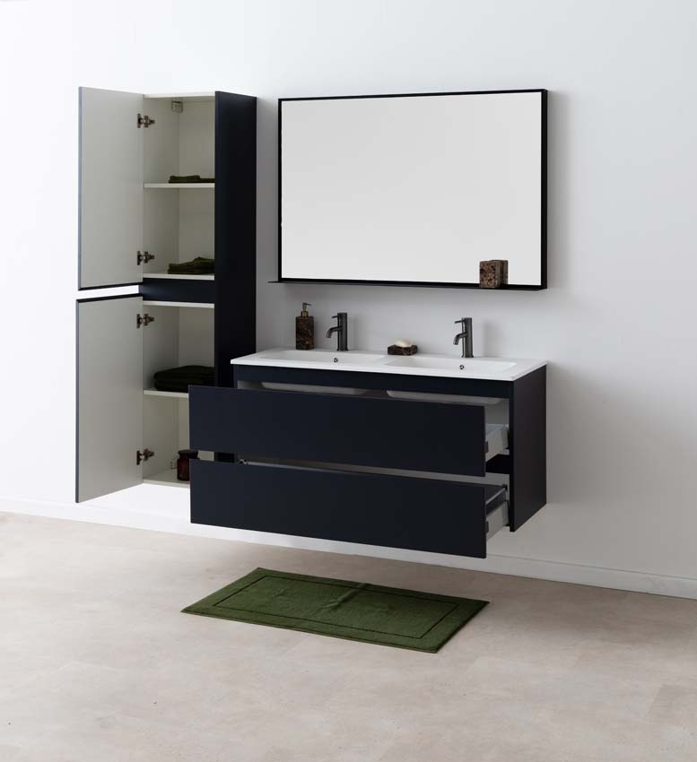 Meuble de salle de bains Tibo gris suspendu avec lavabo double blanc mat 120cm
