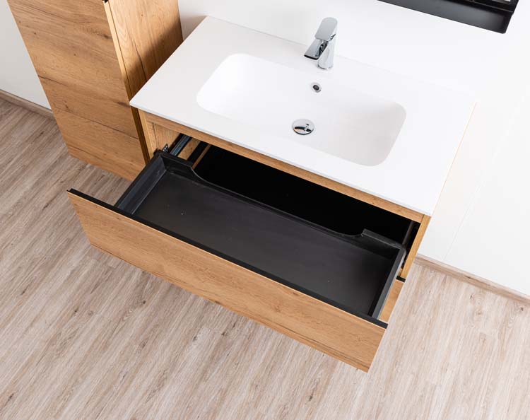 Badkamermeubel Daria eik goudbruin hangend met enkele wastafel glanzend wit 90cm