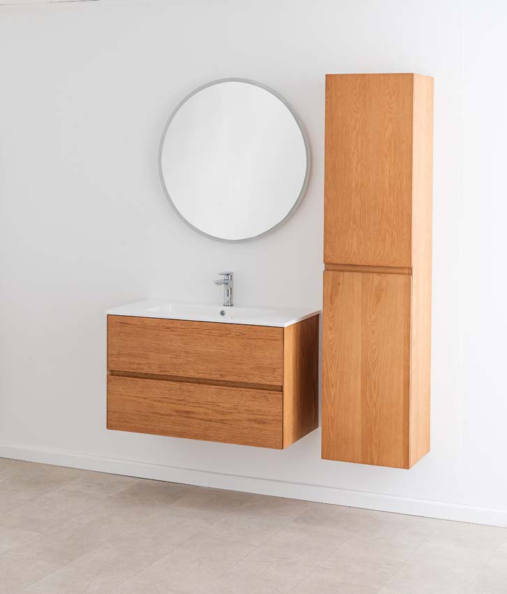 Badkamermeubel Fior eik hangend met enkele wastafel glanzend wit 90cm