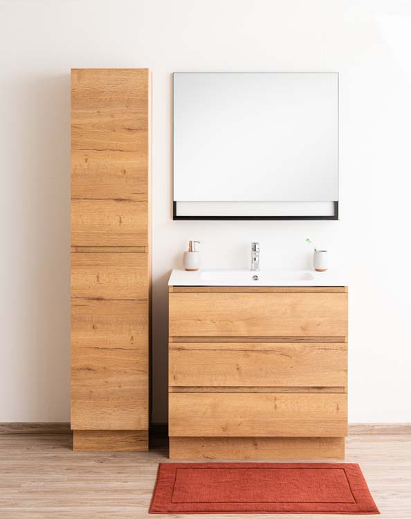 Meuble de salle de bains Daria chêne brun doré sur pied avec lavabo simple blanc mat 90cm