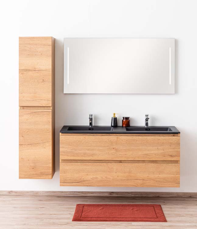 Meuble de salle de bain Daria chêne brun doré 1400 mm lavabo noir mat