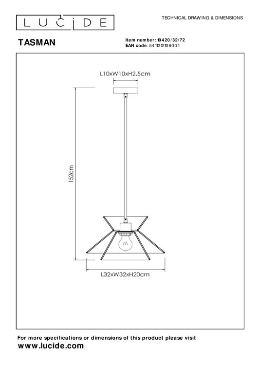 Lucide TASMAN - Suspension - 1xE27 - Naturel