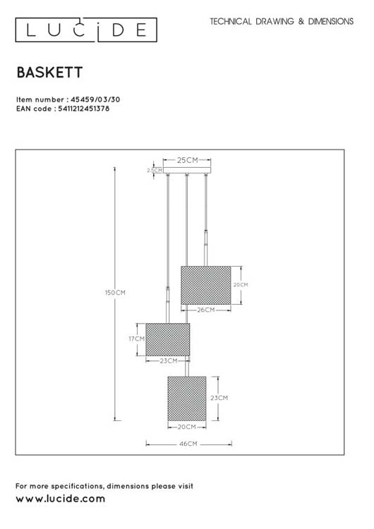 Lucide BASKETT - Hanglamp - 3xE27 - Zwart