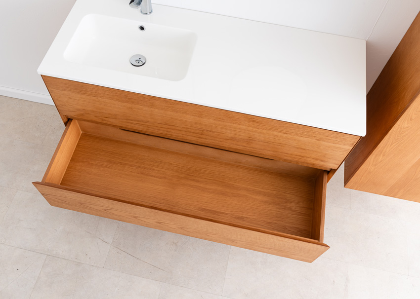 Badkamermeubel Fior eik hangend met enkele wastafel mat wit 120cm