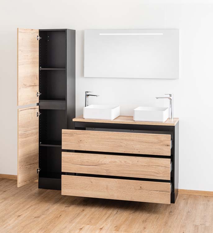 Badkamermeubel Dotan zwart/eik 1200 mm staand opbouwtablet melamine Badkamermeubel Dotan zwart/eik 1200 mm staand opbouwtablet melamine