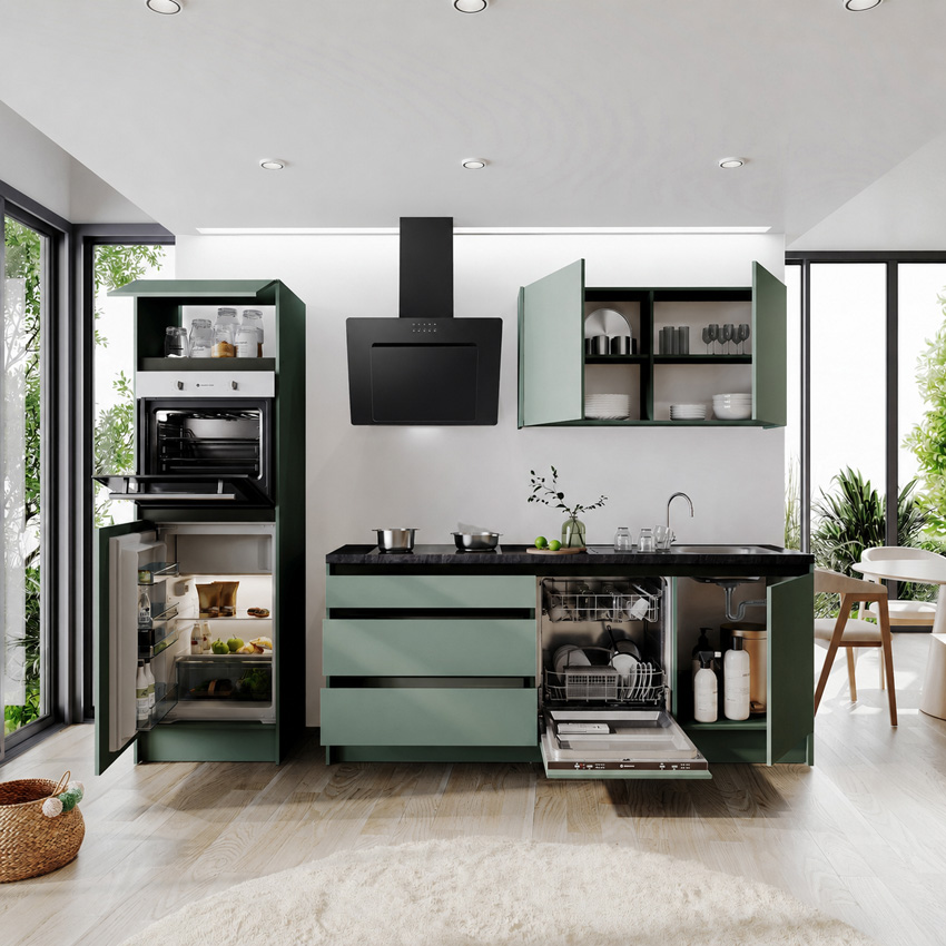 Keuken Berlin groen 273cm - met toestellen - vitrokeramische kookplaat en zwarte wanddampkap