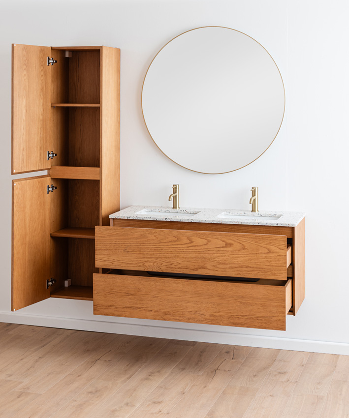 Badkamermeubel Fior eik hangend met dubbele wastafel terrazzo 120cm