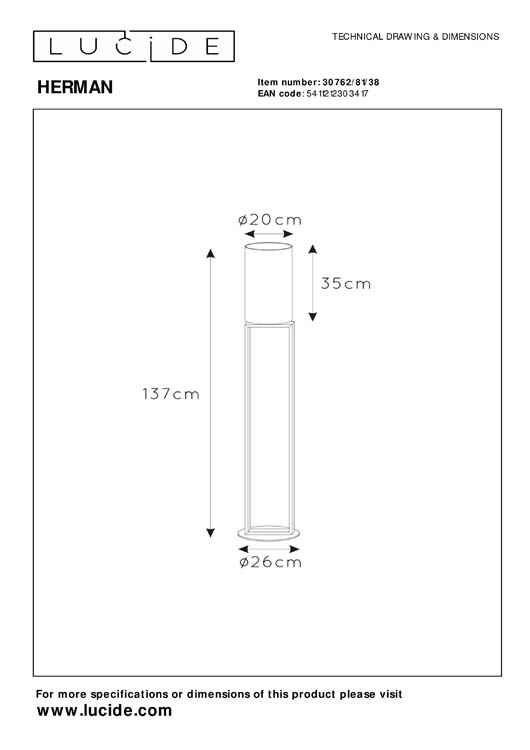 Lucide HERMAN - Vloerlamp - Ø 26 cm - 1xE27 - Beige